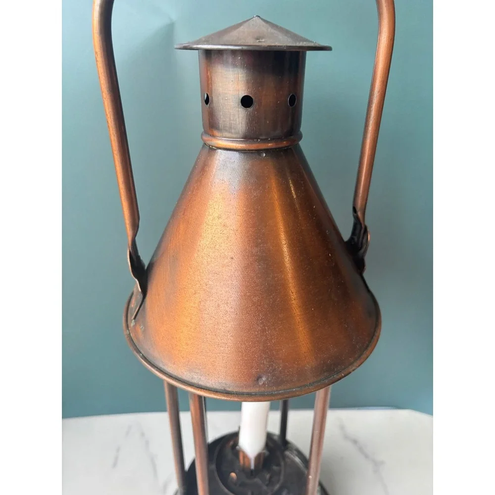 Vintage Copper Candle Lantern Rustic Farmhouse Decor Floral Ceramic Handle